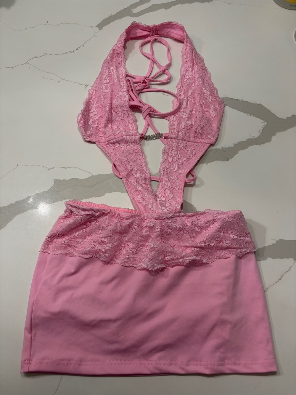 SHEIN Pink Lace Halter Chemise Slip